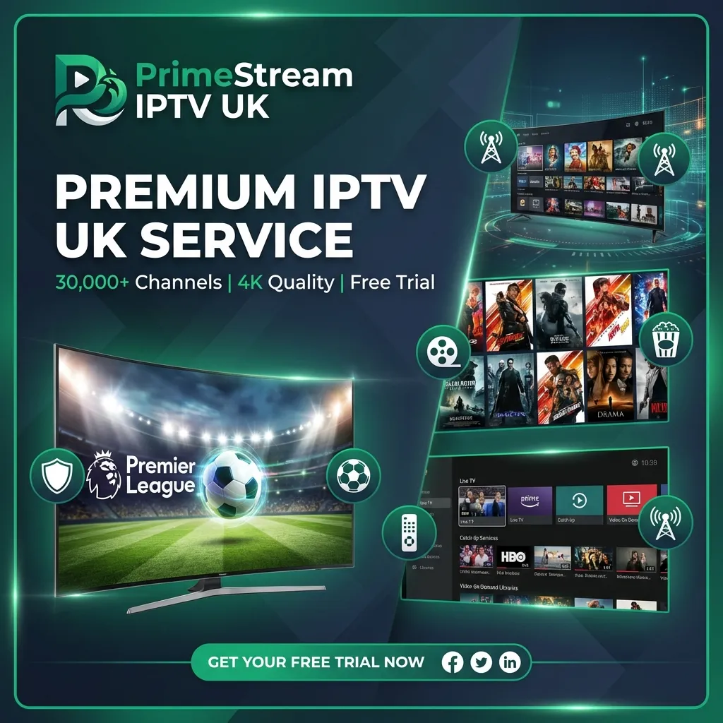Premium IPTV UK service advertisement featuring a curved TV displaying a soccer match, showcasing 45,000+ channels, 4K quality, and a free trial offer, with logos for Premier League and various entertainment options.