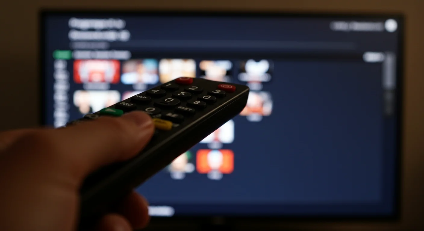 Remote control in hand navigating Electronic Program Guide (EPG) interface on television screen, illustrating IPTV UK service features.