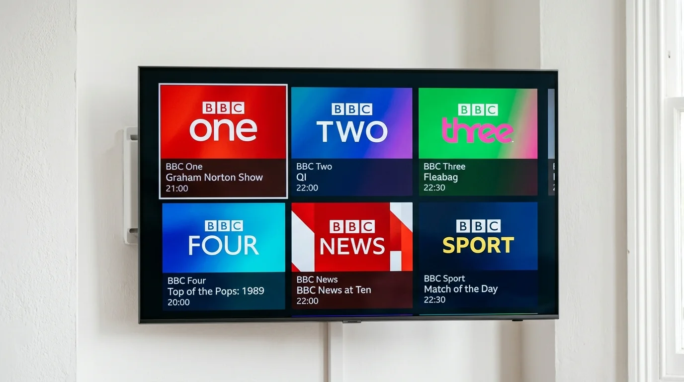 BBC channels displayed on a television screen, featuring BBC One, Two, Three, Four, News, and Sport with program details and times, highlighting IPTV UK's offerings for accessing live BBC content.