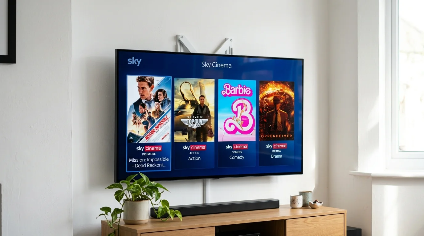 Sky Cinema interface on TV displaying movie selections including "Mission: Impossible - Dead Reckoning," "Top Gun: Maverick," "Barbie," and "Oppenheimer," highlighting categories like Premiere, Action, Comedy, and Drama, relevant to IPTV UK subscription offerings.